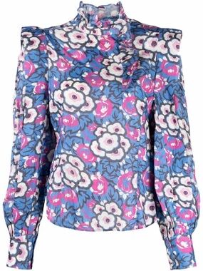 Isabel Marant Runway Blue Floral Puff-Sleeve Blouse with Pink and White Accents
